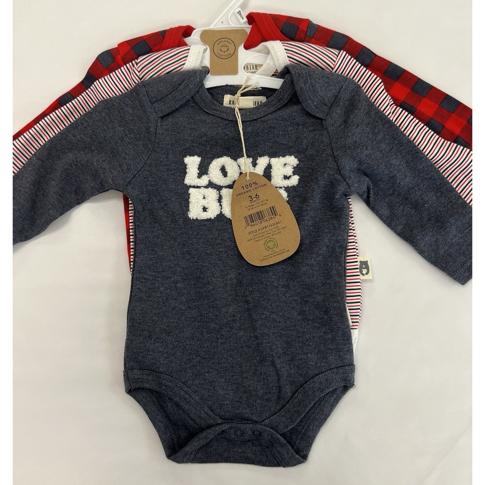 Rabbit Bear 3-6m Organic Cotton Bodysuits Set Of‎ 3 Love Bug Stripe